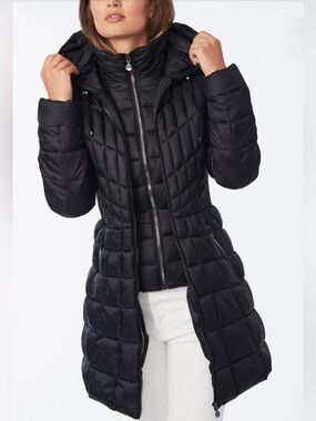 BERNARDO Black Quilted Hooded Long Puffer Coat